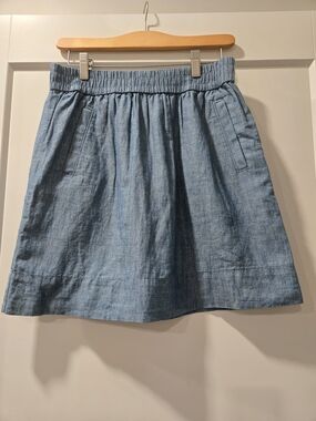 LOFT Chambray Linen Blend Skirt Blue Elastic Waist Pockets NWT Size XS